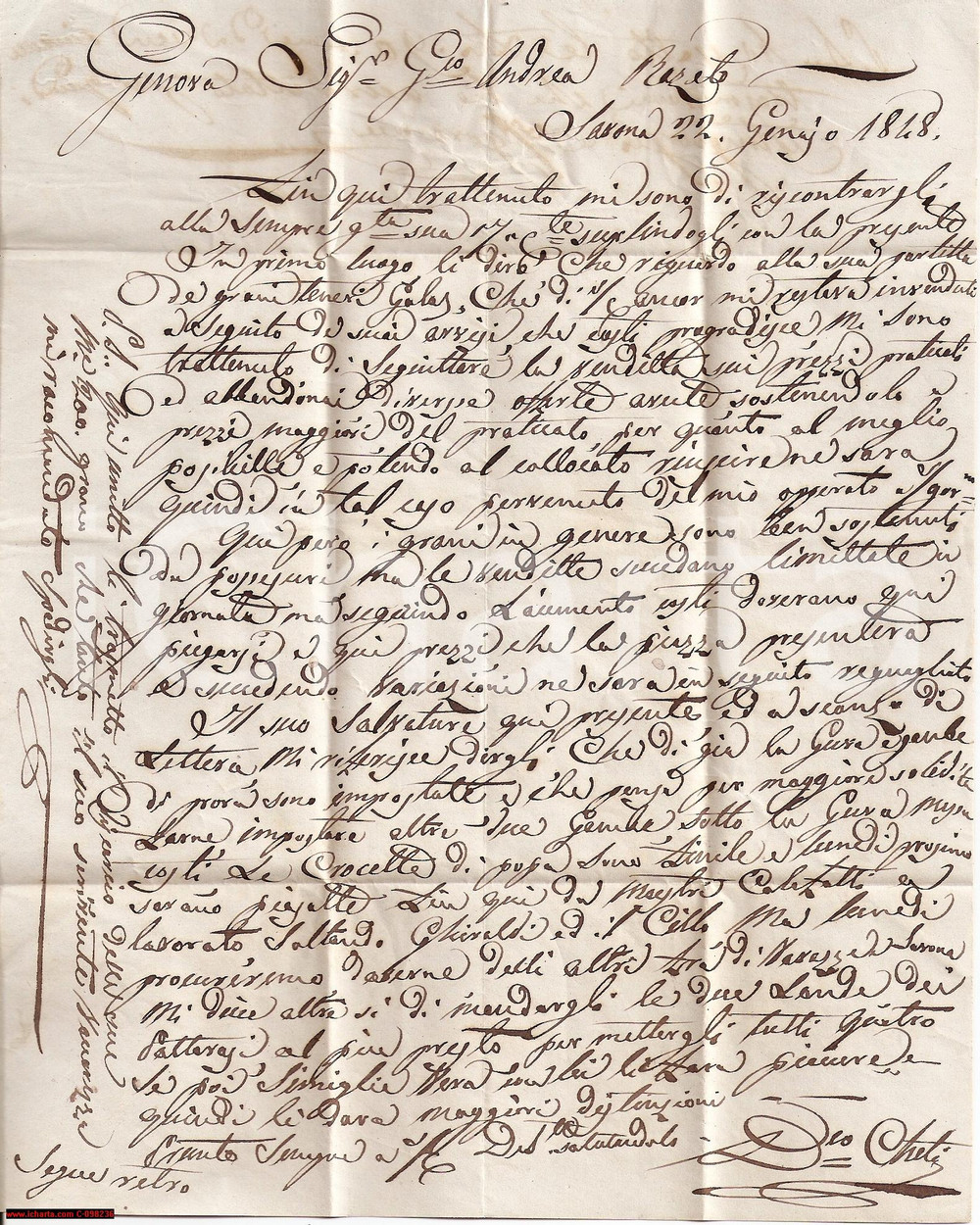 Manoscritto, lettera originale 1848 SAVONA Domenico CHETI sul prezzo del grano Manoscritto 1