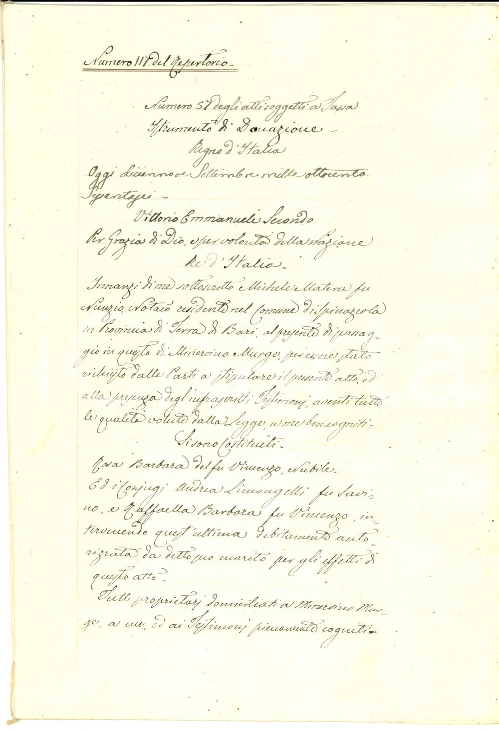 Documento originale, autentico 1866 MINERVINO MURGE Barbara ROSA dona magazzino alla sorella Raffaella 1