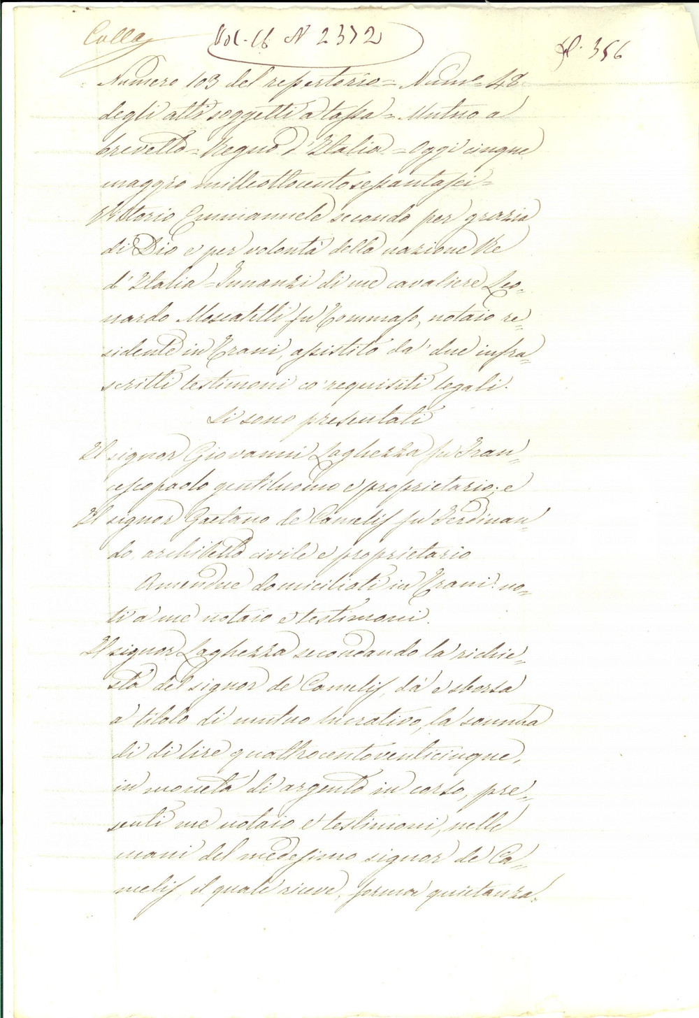 Documento originale, autentico 1864 TRANI Contratto mutuo Giovanni LAGHEZZA  Gaetano DECAMELIS Manoscritto 1