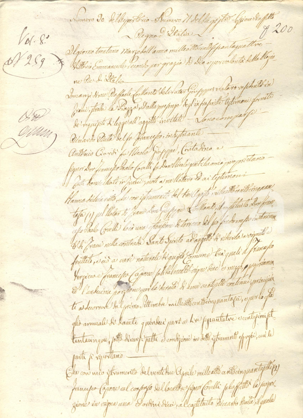 Documento originale, autentico 1864 TRANI BT Francesco Paolo COVELLI affitta terre a Antonio CIARDI 1