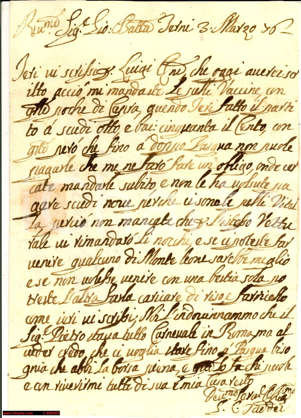 Manoscritto, lettera originale 1776 TERNI GAETANO TADDEI Per restare a Roma ci vuole la borsa piena... Lettera 1