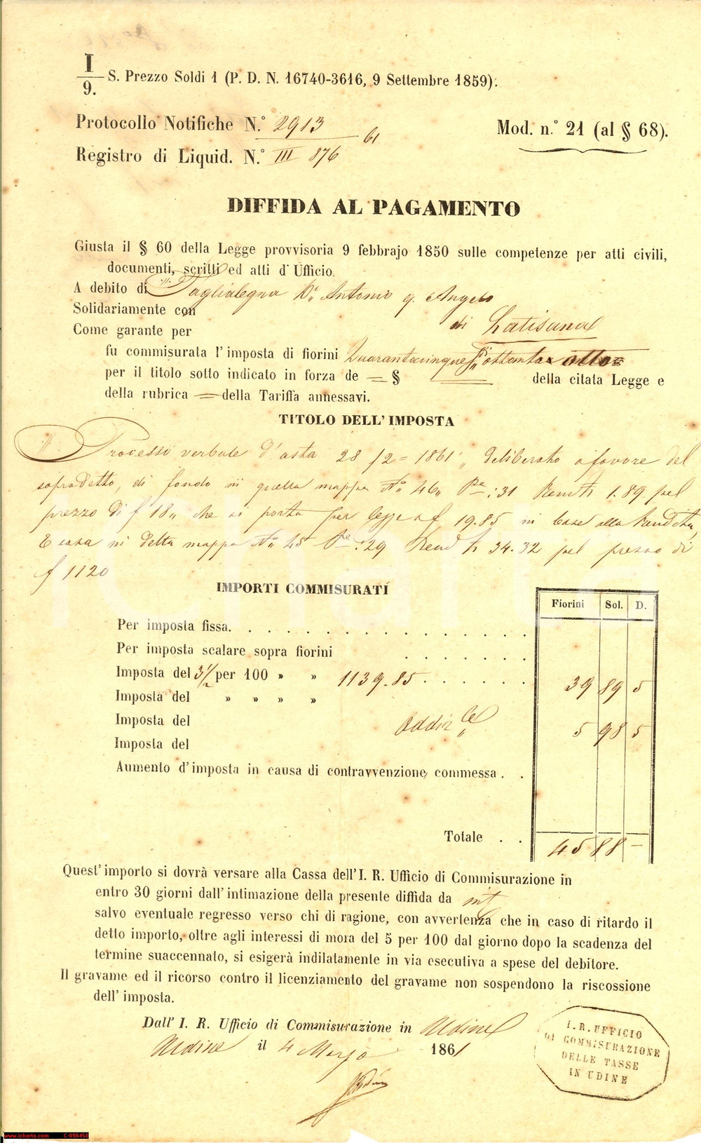 Documento originale, autentico 1861 LATISANA UD Antonio TAGLIALEGNA non paga debiti 1