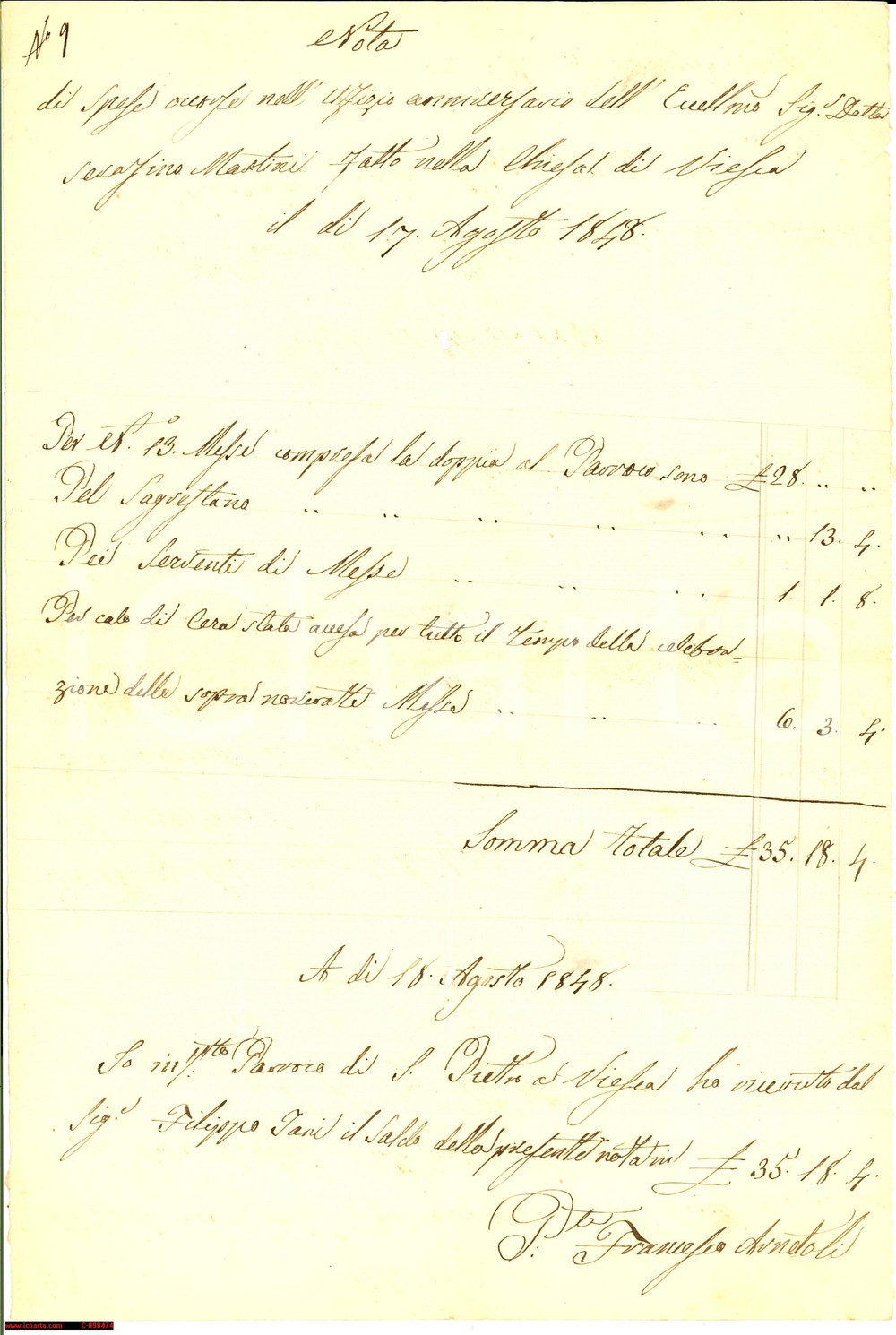 Documento originale, autentico 1848 VIESCA FI Messe defunto MARTINI Pieve SAN PIETRO 1