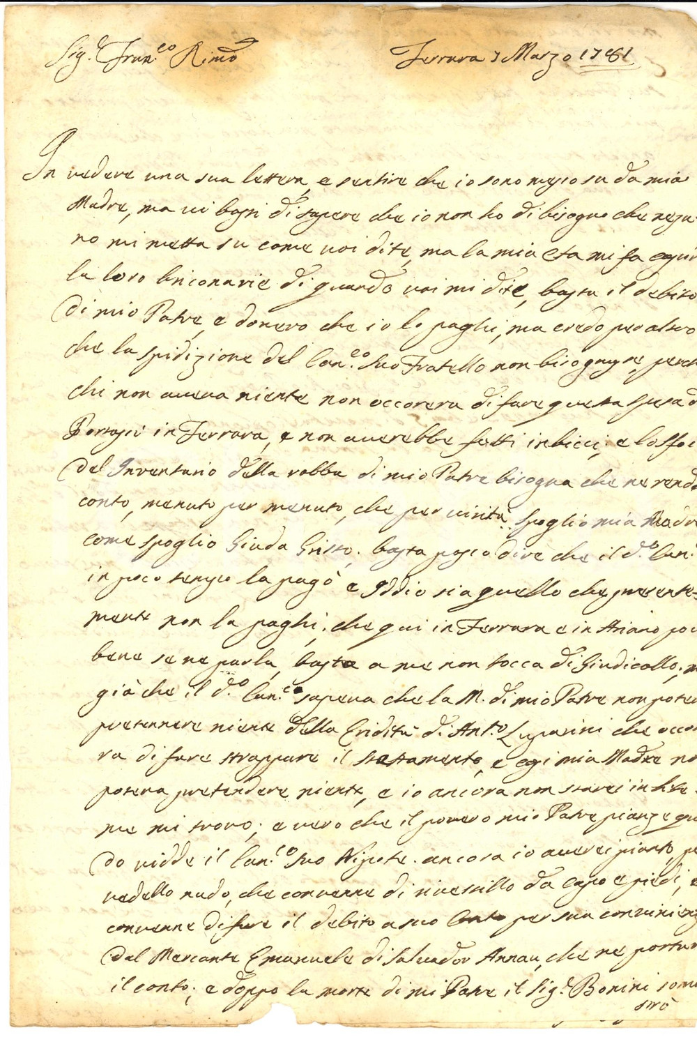 Manoscritto, lettera originale 1781 FERRARA Crediti del mercante EMANUEL ANNAN 1