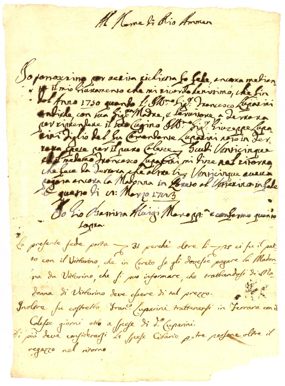 Documento originale, autentico 1783 LORETO AN Testimonianza di Giovanni Battista MAROPPI su spese di carrozza 1