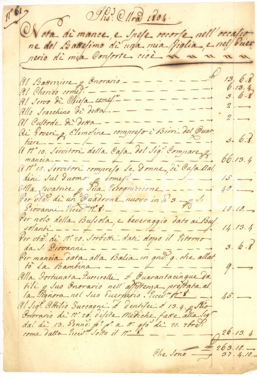 Manoscritto, lettera originale 1804 FIRENZE ricevuta battesimo e assistenza puerpera 1