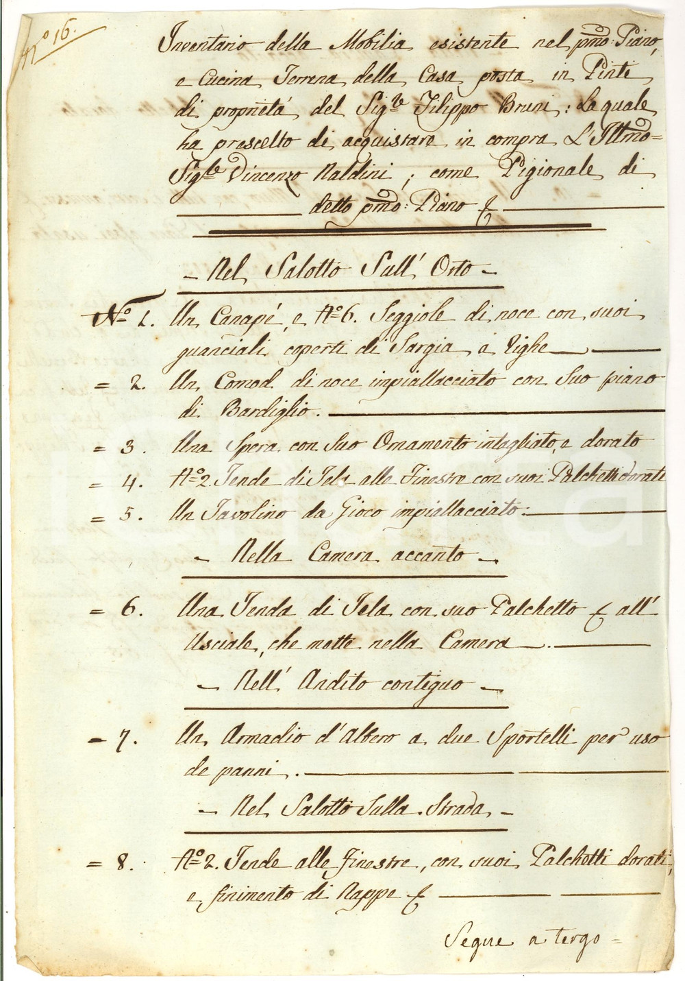 Manoscritto, lettera originale 1803 FIRENZE inventario della mobilia di FILIPPO BRUNI 1