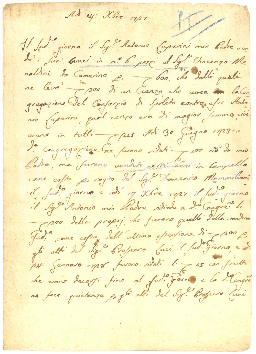 Documento originale, autentico 1727 SPOLETO PG Vendita di cammei a Vincenzo MONALDINI per censo al Consorzio 1