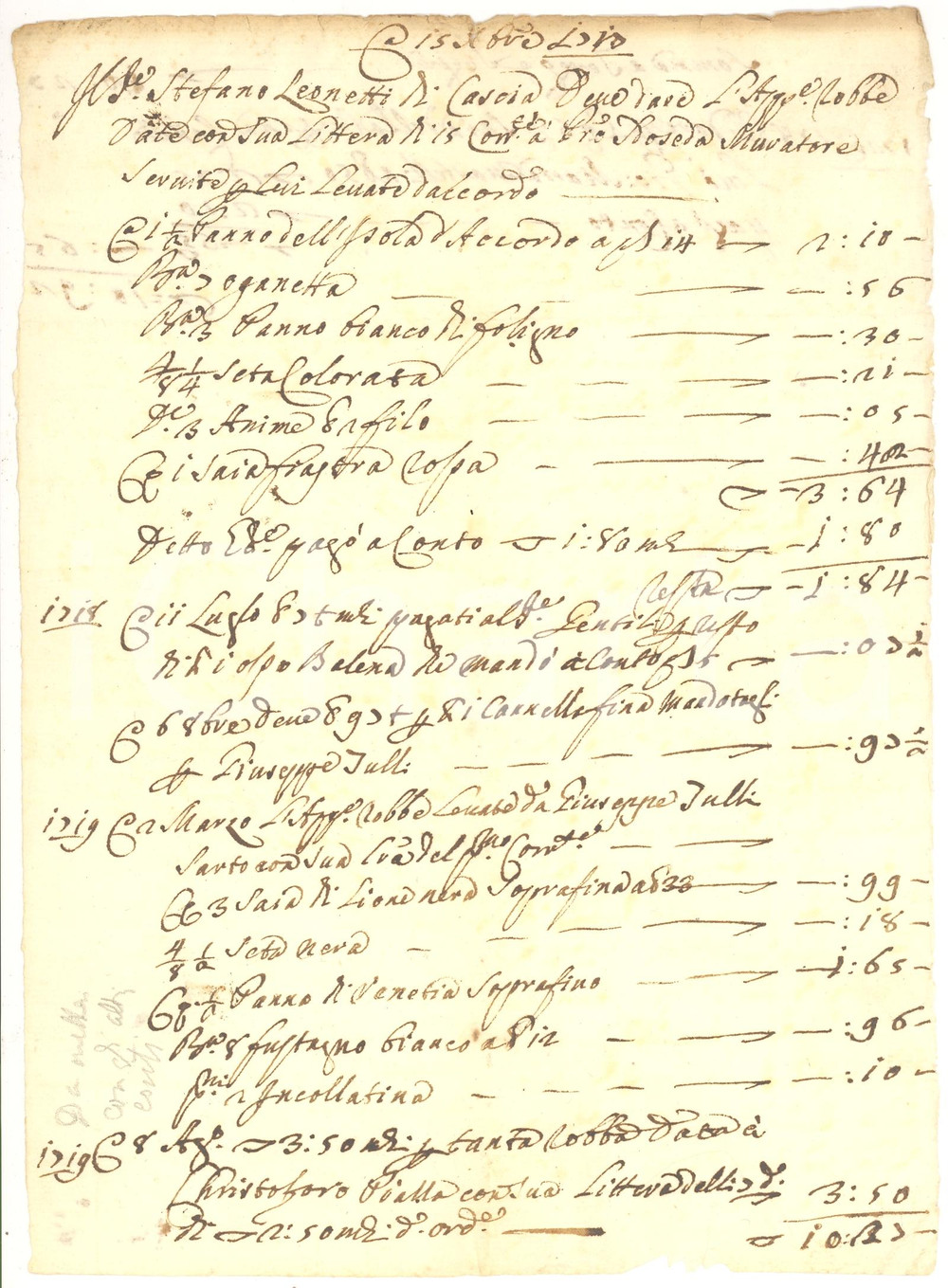 Documento originale, autentico 1710 CASCIA PG Stoffe di pregio per nobile LEONETTI 1
