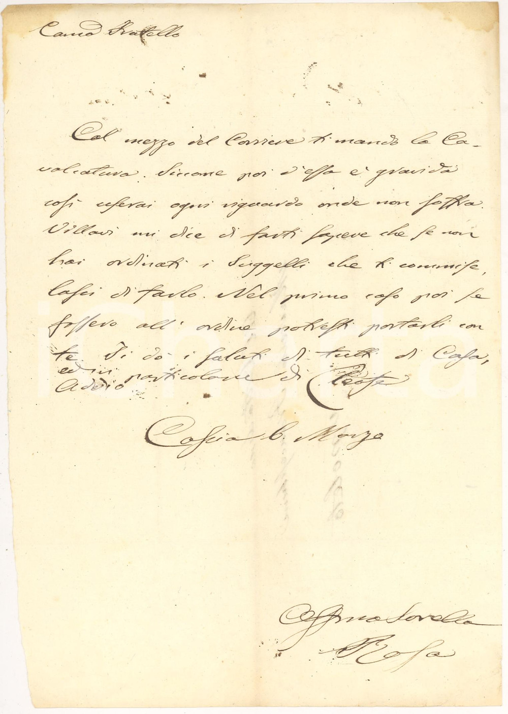 Manoscritto, lettera originale 1830 ca CASCIA Rosa LEONETTI manda una cavalcatura al fratello Lettera 1