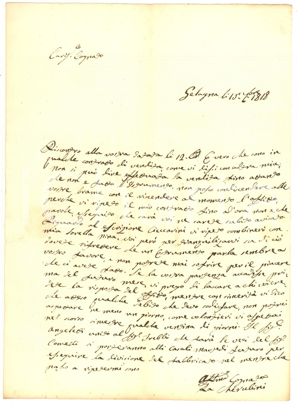 Manoscritto, lettera originale 1818 GELAGNA MC Angela VOGLIA CHERUBINI non cede alle brame del cognato 1