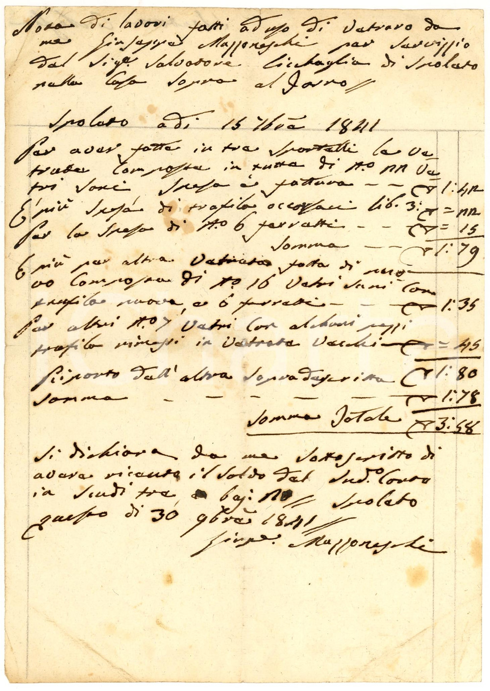 Documento originale, autentico 1841 SPOLETO PG Conto del vetraio Giuseppe MAZZONESCHI per Salvatore CICAGLIA 1