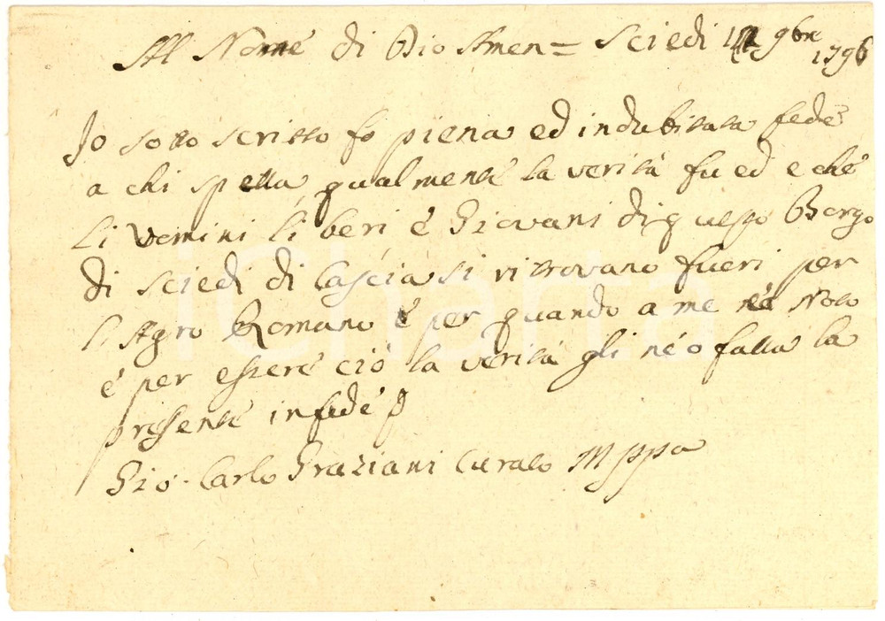 Documento originale, autentico 1796 SCIEDI PG In paese non ci sono uomini giovani 1