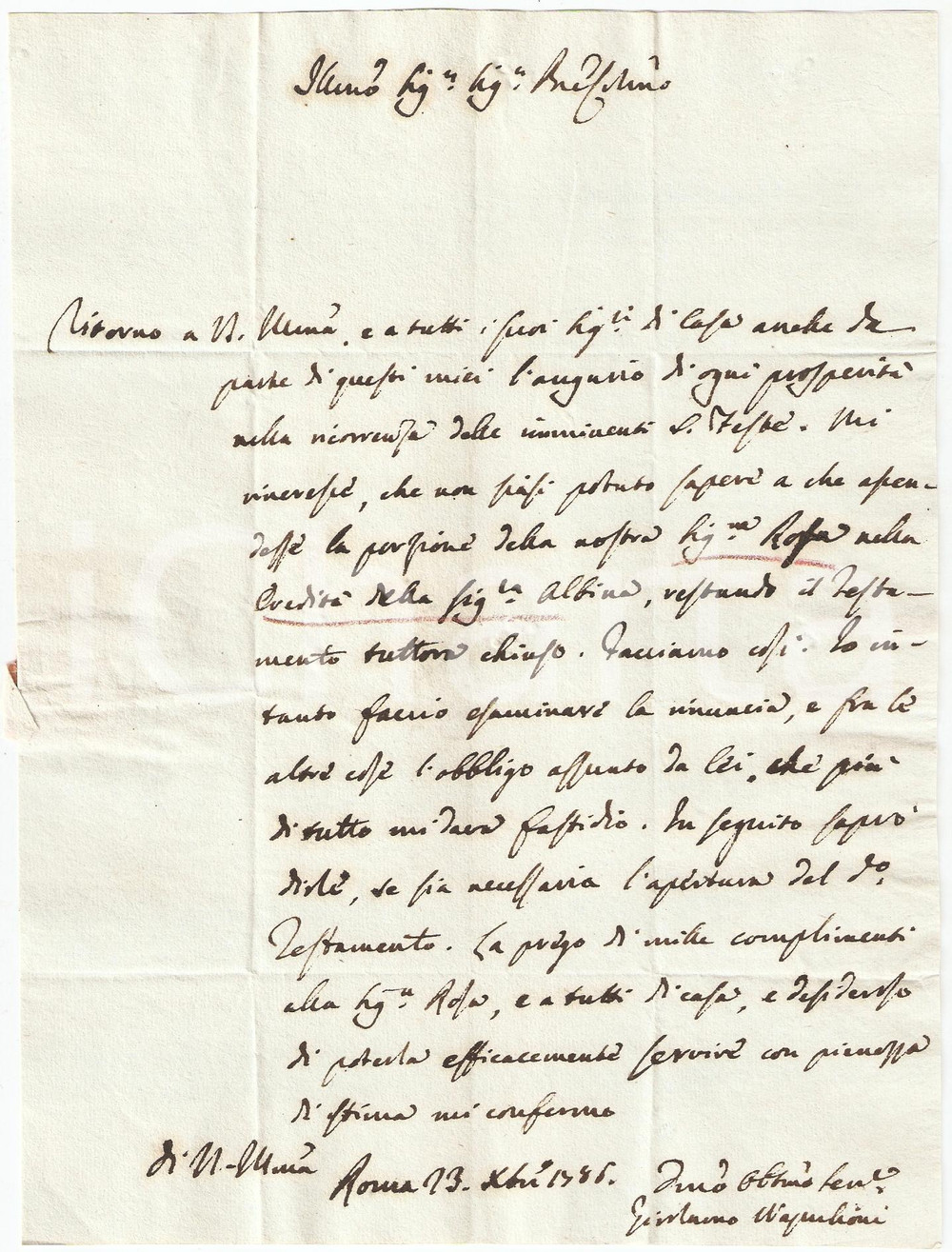 Manoscritto, lettera originale 1786 ROMA Mons. Girolamo NAPOLIONI promette aiuto per una pratica AUTOGRAFO 1