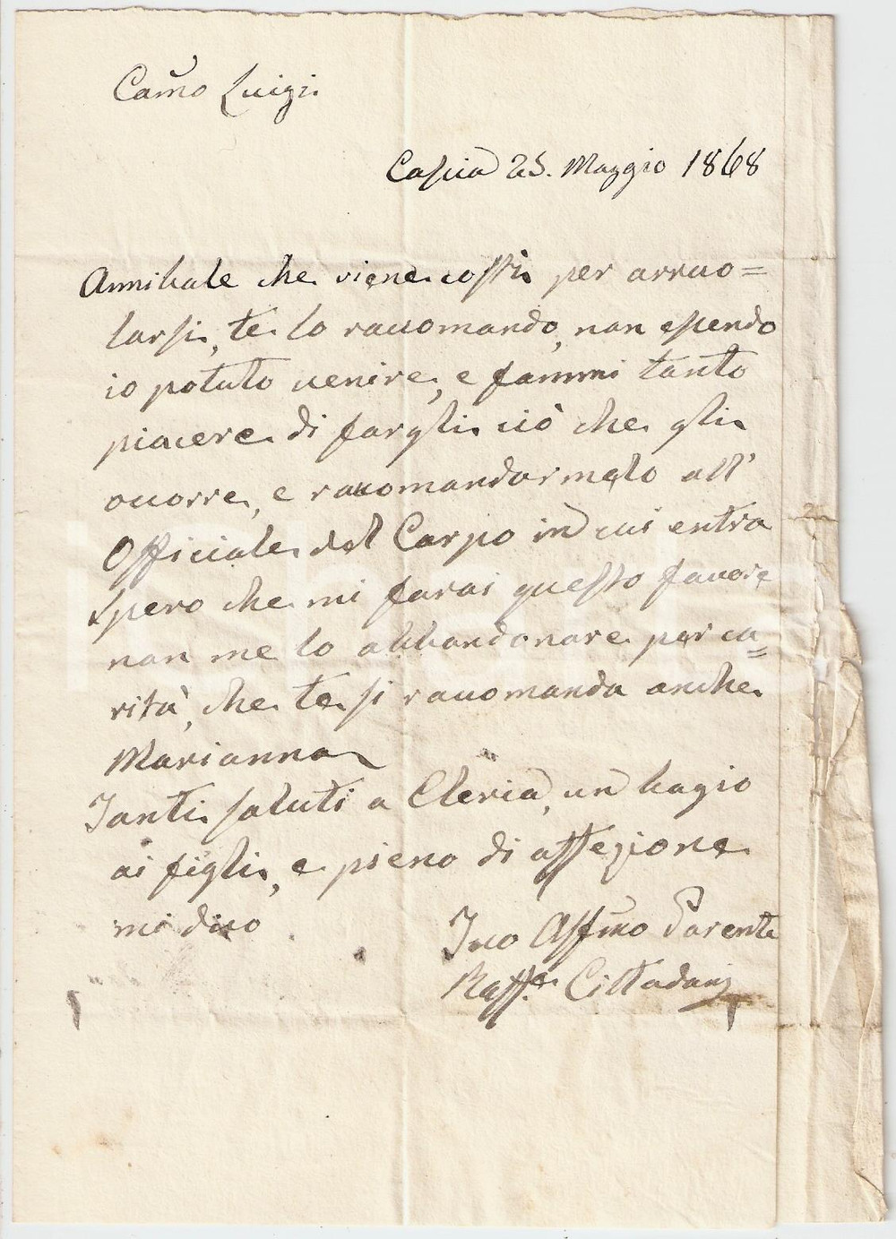 Documento originale, autentico 1868 CASCIA PG Nobile Raffaele CITTADANI raccomanda un amico nell esercito 1