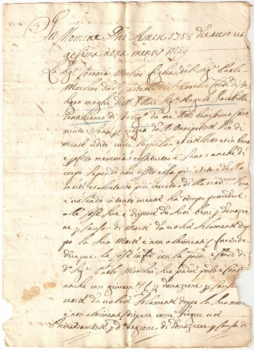 Documento originale, autentico 1738 SANT ERACLIO PG Testamento della nobildonna Francesca MORLINI pro marito 1