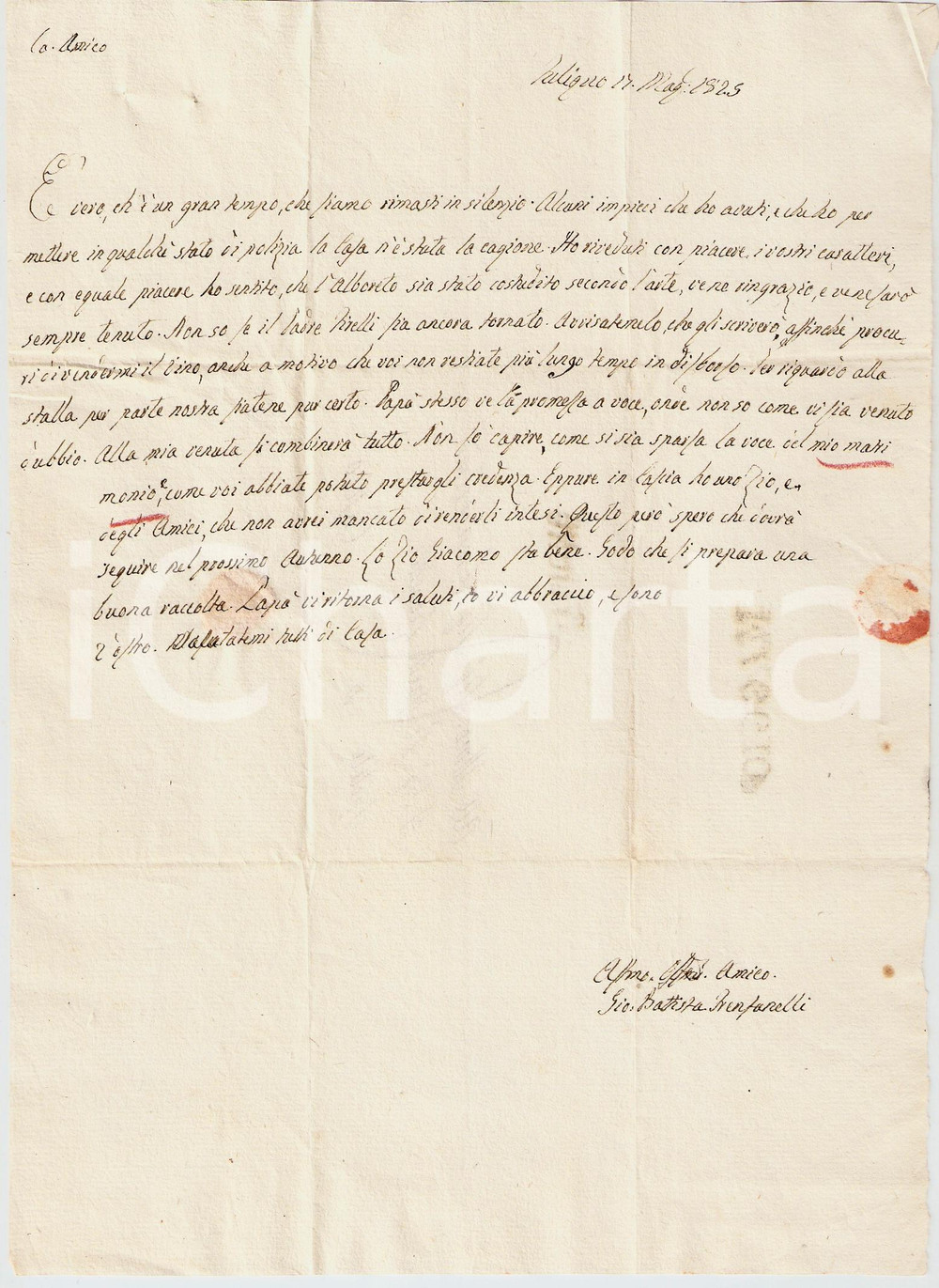 Documento originale, autentico 1825 FOLIGNO PG Giacomo FRENFANELLI sulle false voci di un suo matrimonio 1