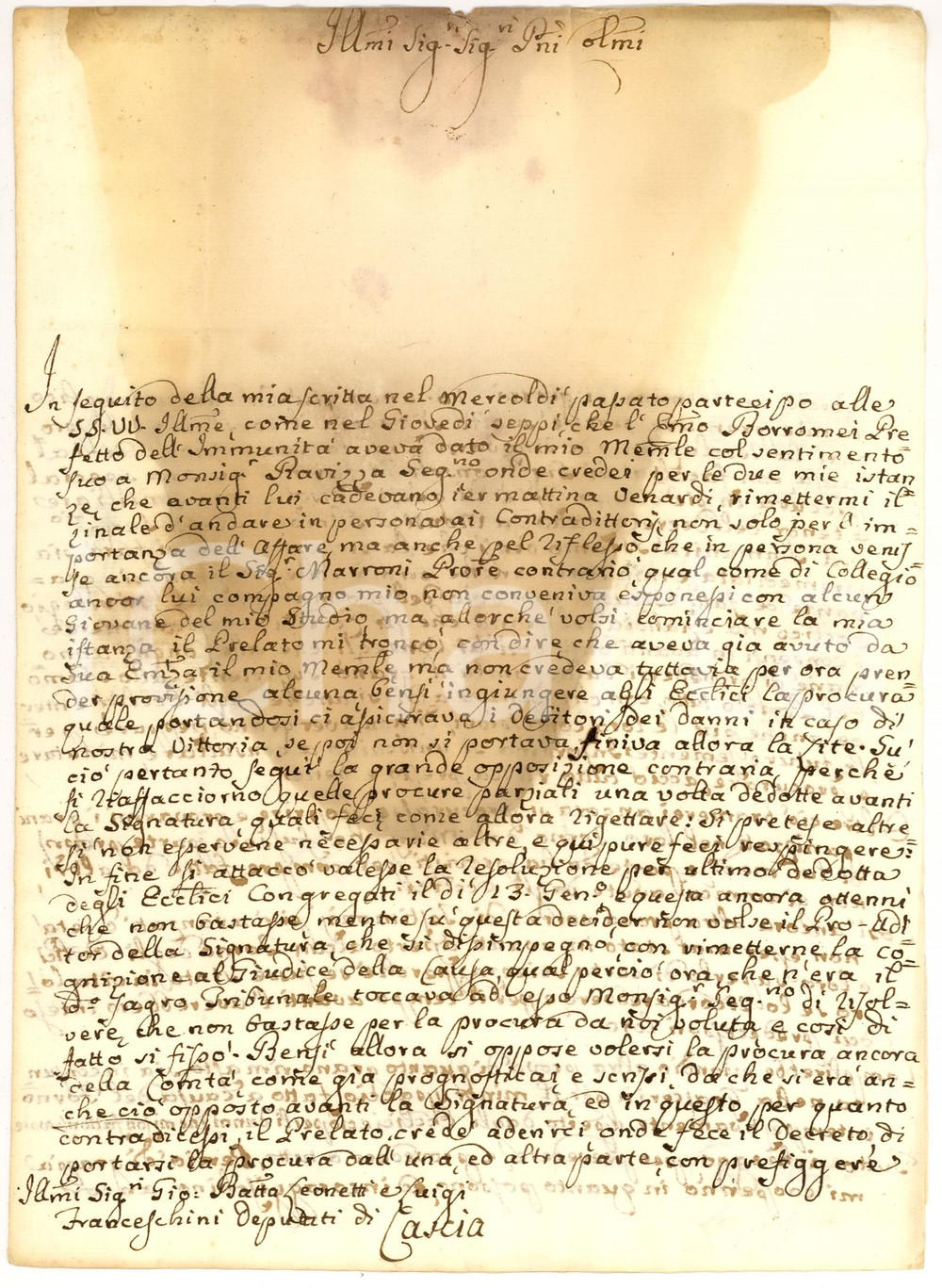 Manoscritto, lettera originale 1782 ROMA Avvocato Lorenzo CORINTI contrariato da un prelato in causa Lettera 1