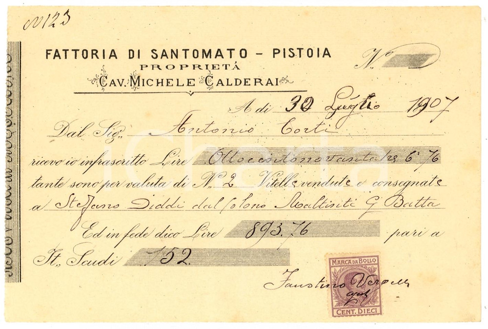 Documento originale, autentico 1907 SANTOMATO PT Ricevuta bestiame Michele CALDERAI 1