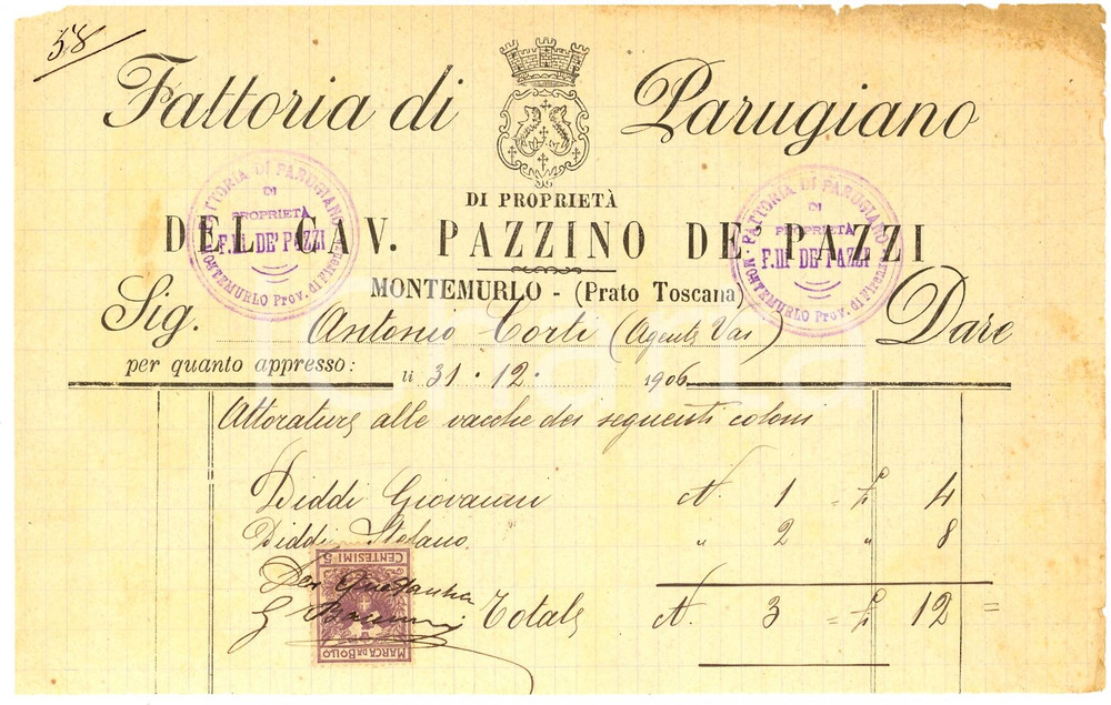 Documento originale, autentico 1906 MONTEMURLO PO Attoratura vacche fattoria PARUGIANO 1
