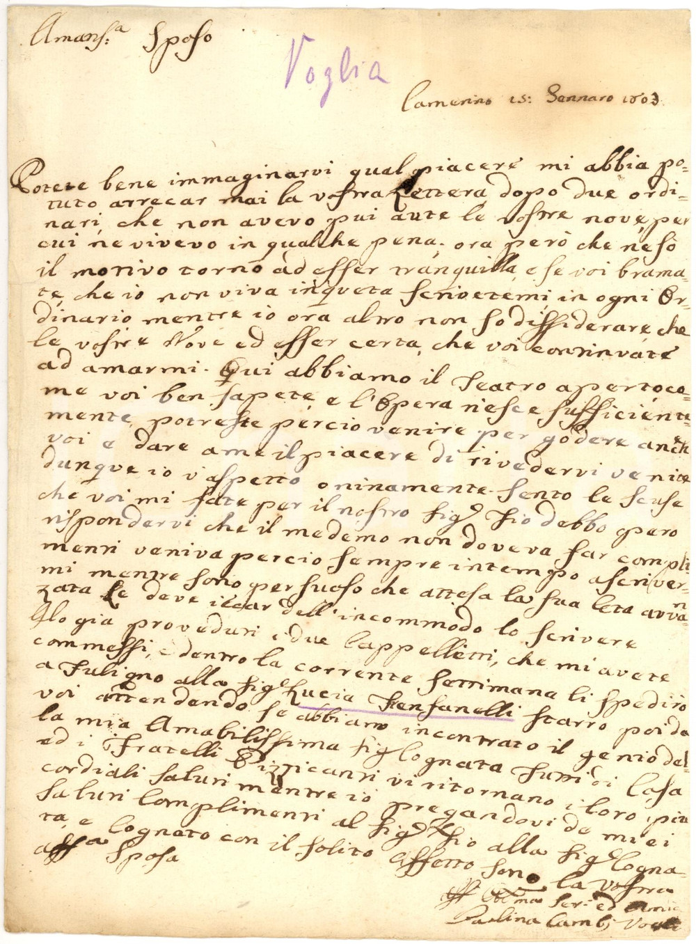 Manoscritto, lettera originale 1803 CAMERINO MC Nobile Paolina CAMBI VOGLIA invita il fidanzato a teatro 1