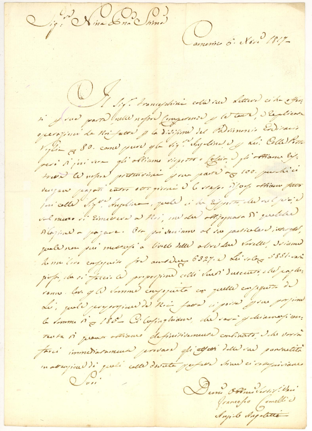 Manoscritto, lettera originale 1817 CAMERINO MC Francesco COMELLI Angiolo ANGELETTI eredità Marchesi  VOGLIA 1