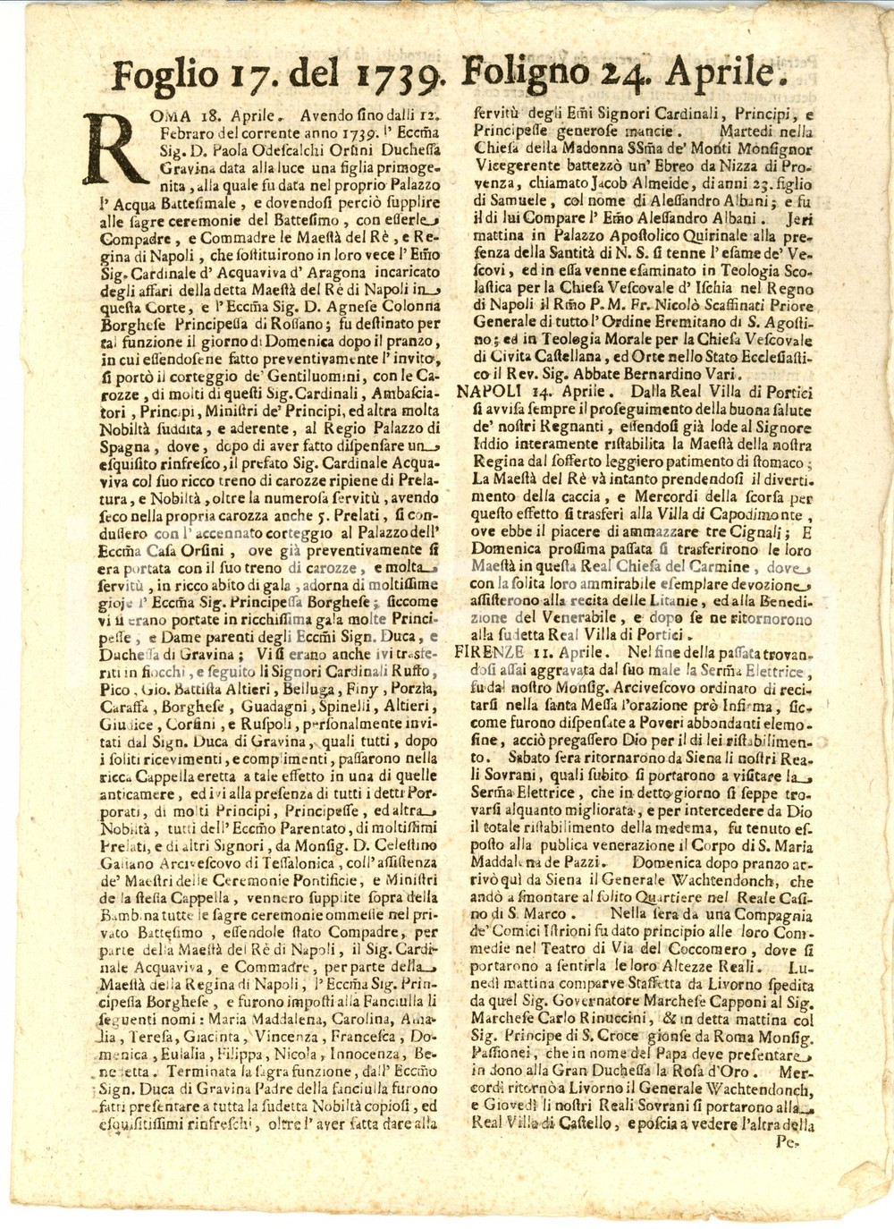Giornale, rivista storica 1739 Giornale di FOLIGNO n. 17 Sontuoso battesimo Maria Maddalena di GRAVINA 1
