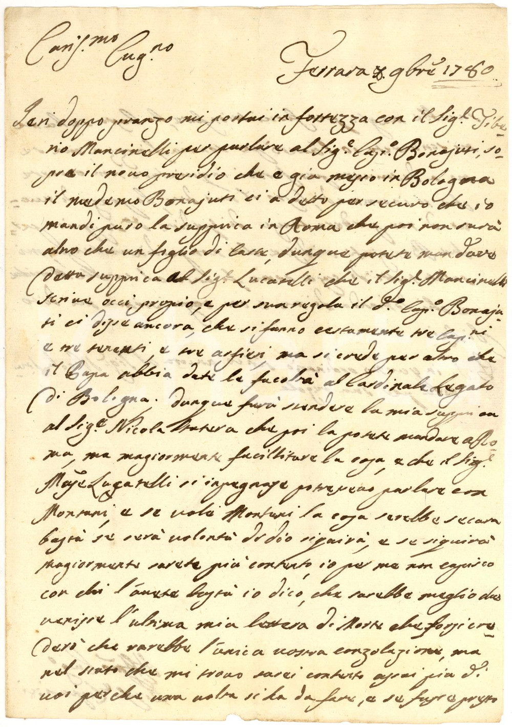 Manoscritto, lettera originale 1780 FERRARA Sarebbe meglio devenisse la mia lettera di morte Giuseppe LUPARINI 1