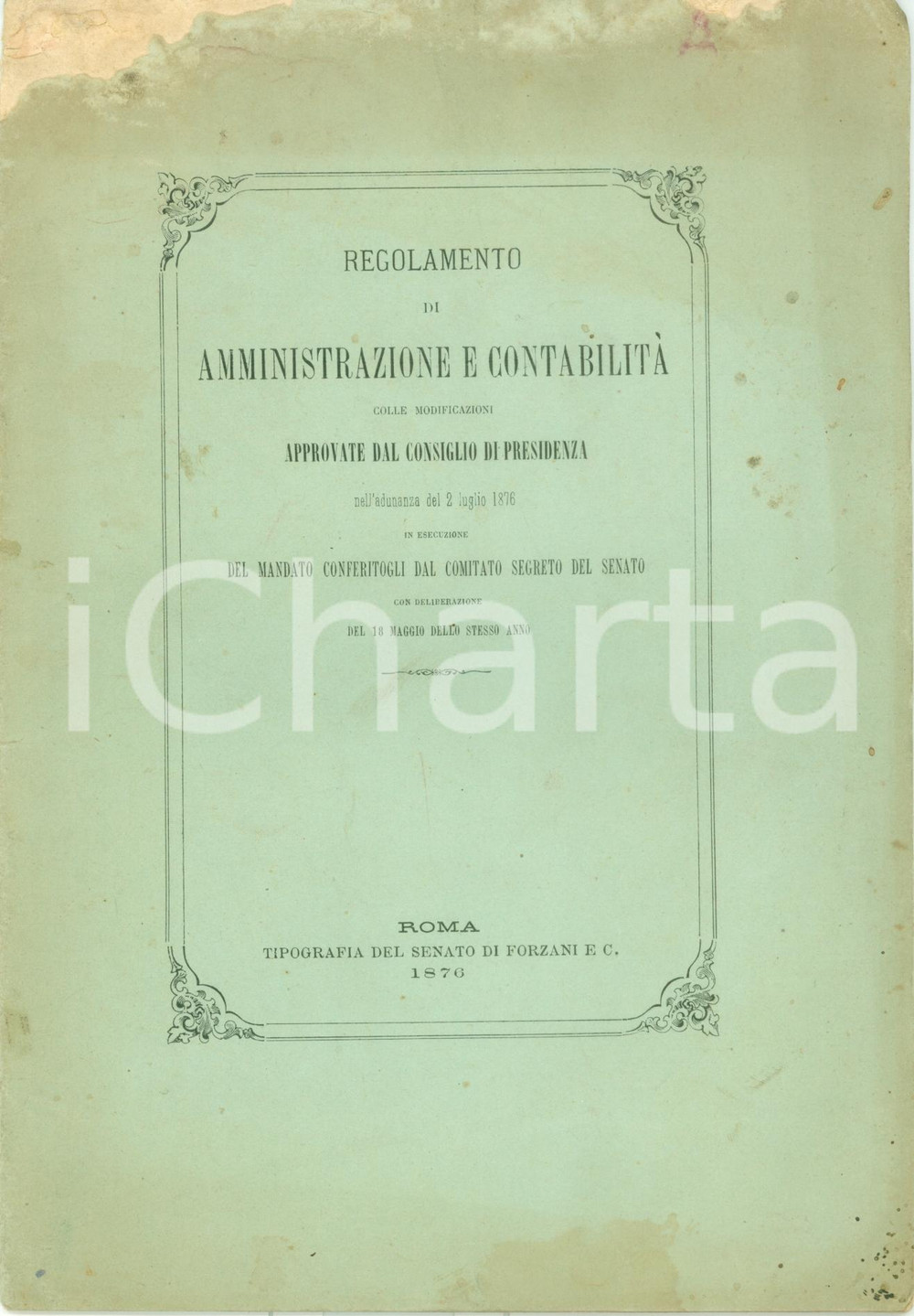 1876 ROMA Regolamento amministrazione e contabilità SENATO DEL REGNO Danneggiato