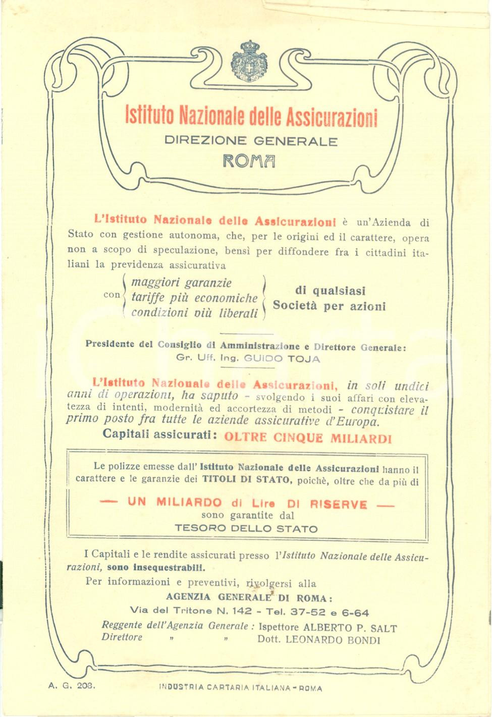 Documento originale, autentico 1930 ca ROMA Istituto Nazionale delle Assicurazioni Pieghevole informativo 1