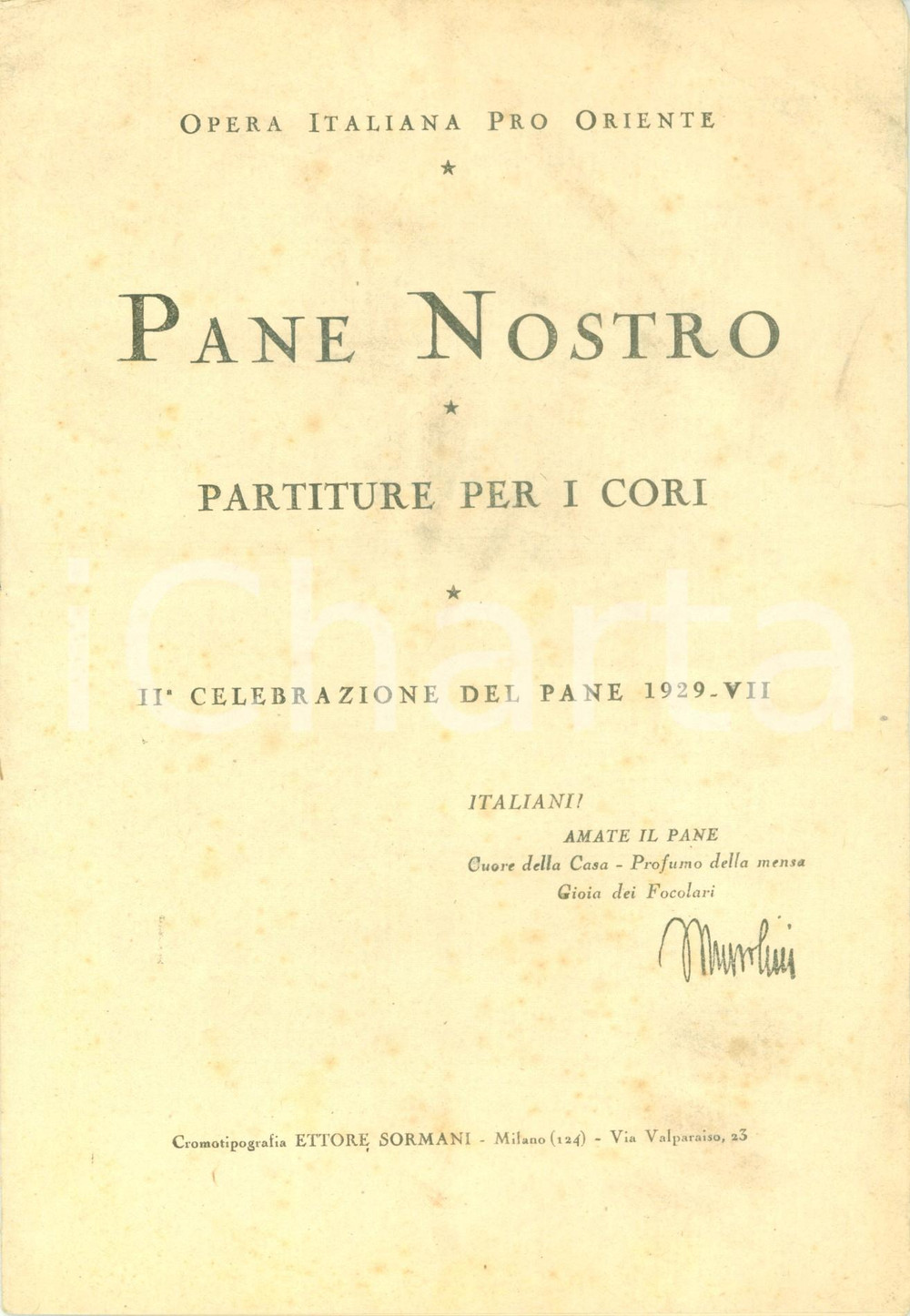 Oggetto da collezione cartaceo 1929 MILANO Opera Italiana PRO ORIENTE Pane Nostro Partiture cori Spartito 1 1