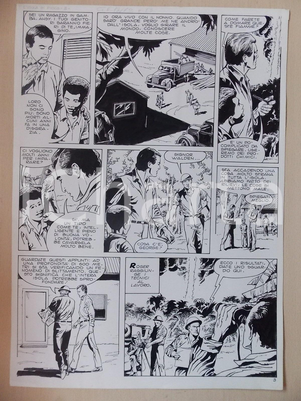 Opera d’arte autentica 1970 ca ISOLA DI FUOCO Luciano BERNASCONI Ingegneri fanno rilevamenti Tavola 1