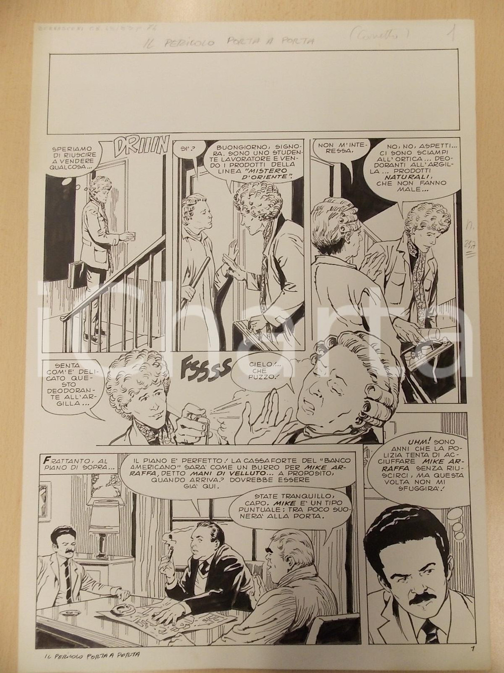 Opera d’arte autentica 1970 ca PERICOLO PORTA A PORTA Luciano BERNASCONI Commesso viaggiatore Tavola 1