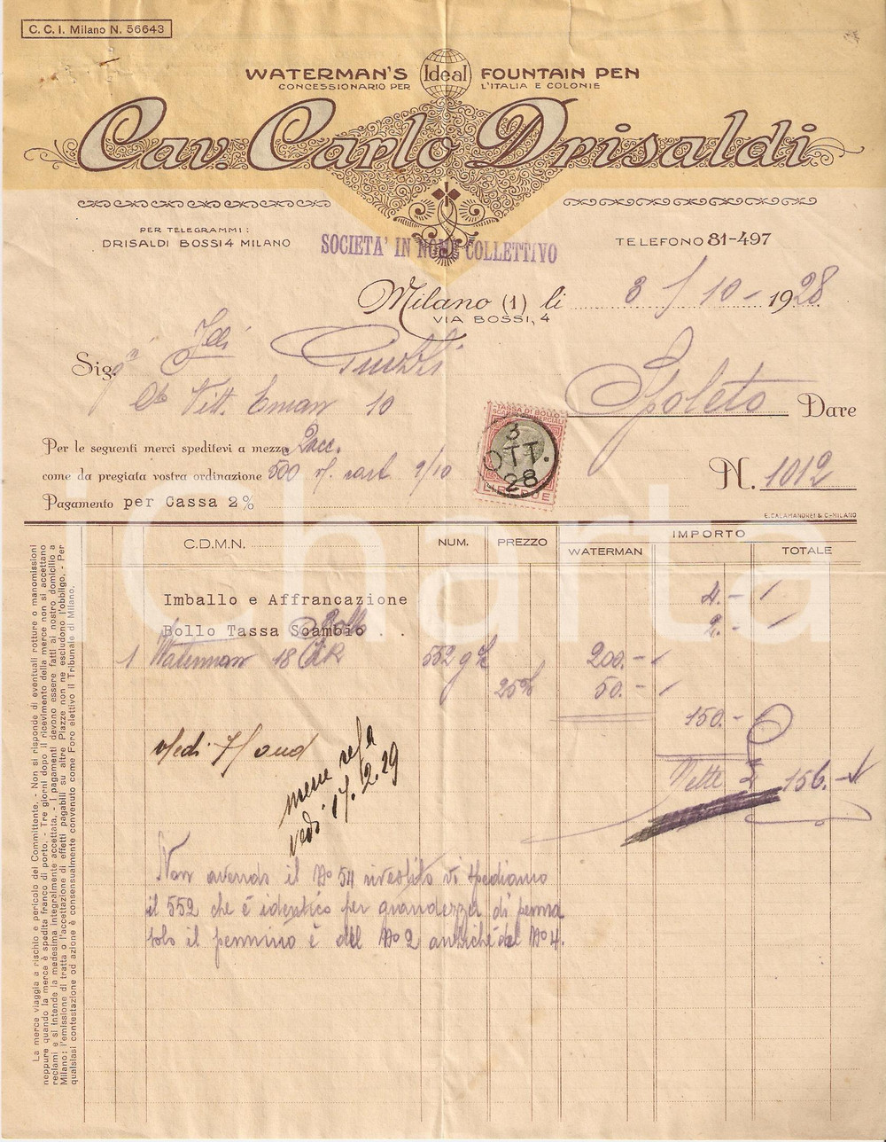 Documento originale, autentico 1928 MILANO Cav. Carlo DRISALDI concessionario WATERMAN S Fountain Pen Fattura 1