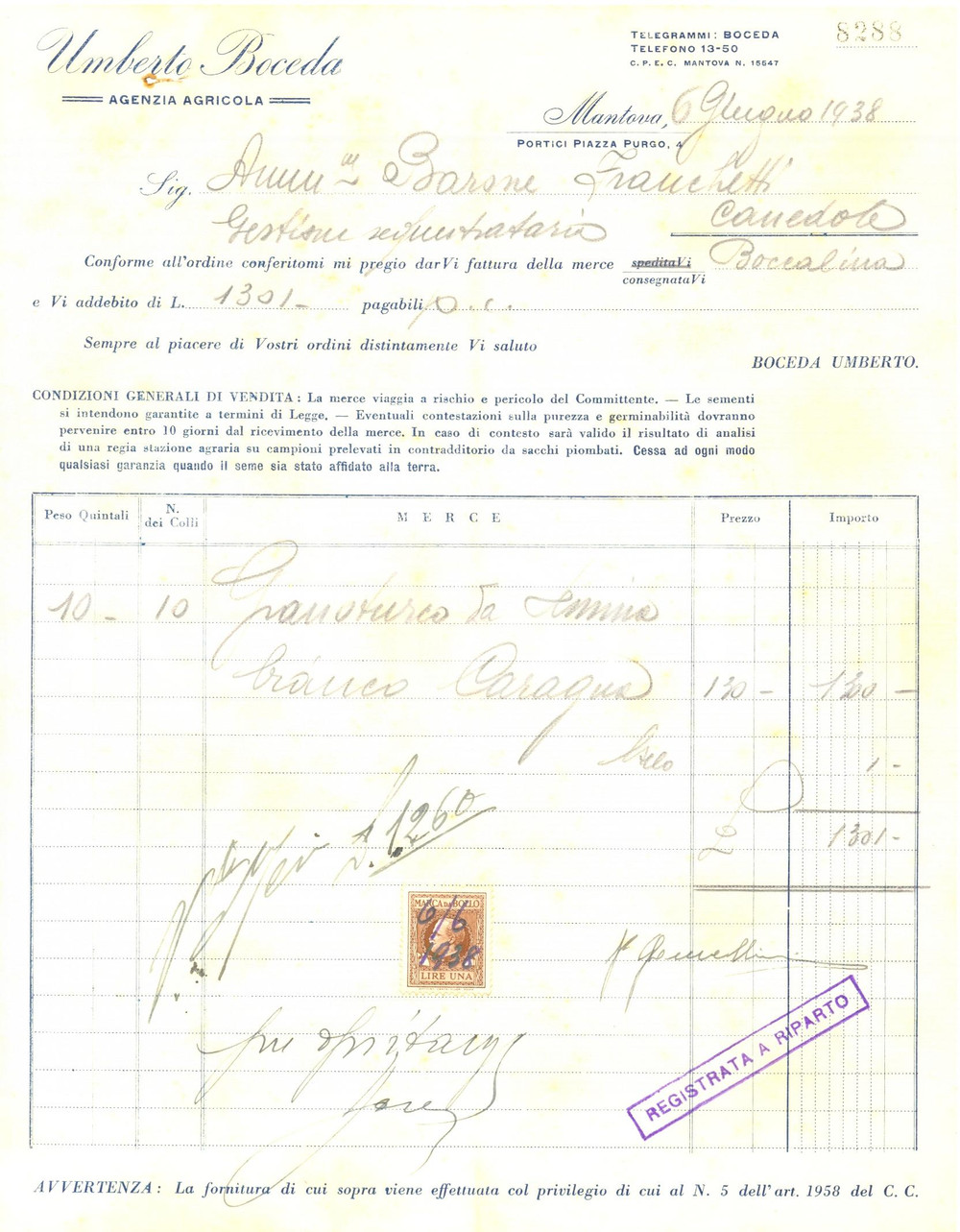 Documento originale, autentico 1938 MANTOVA Umberto BOCEDA agenzia agricola fornitura granoturco Fattura 1