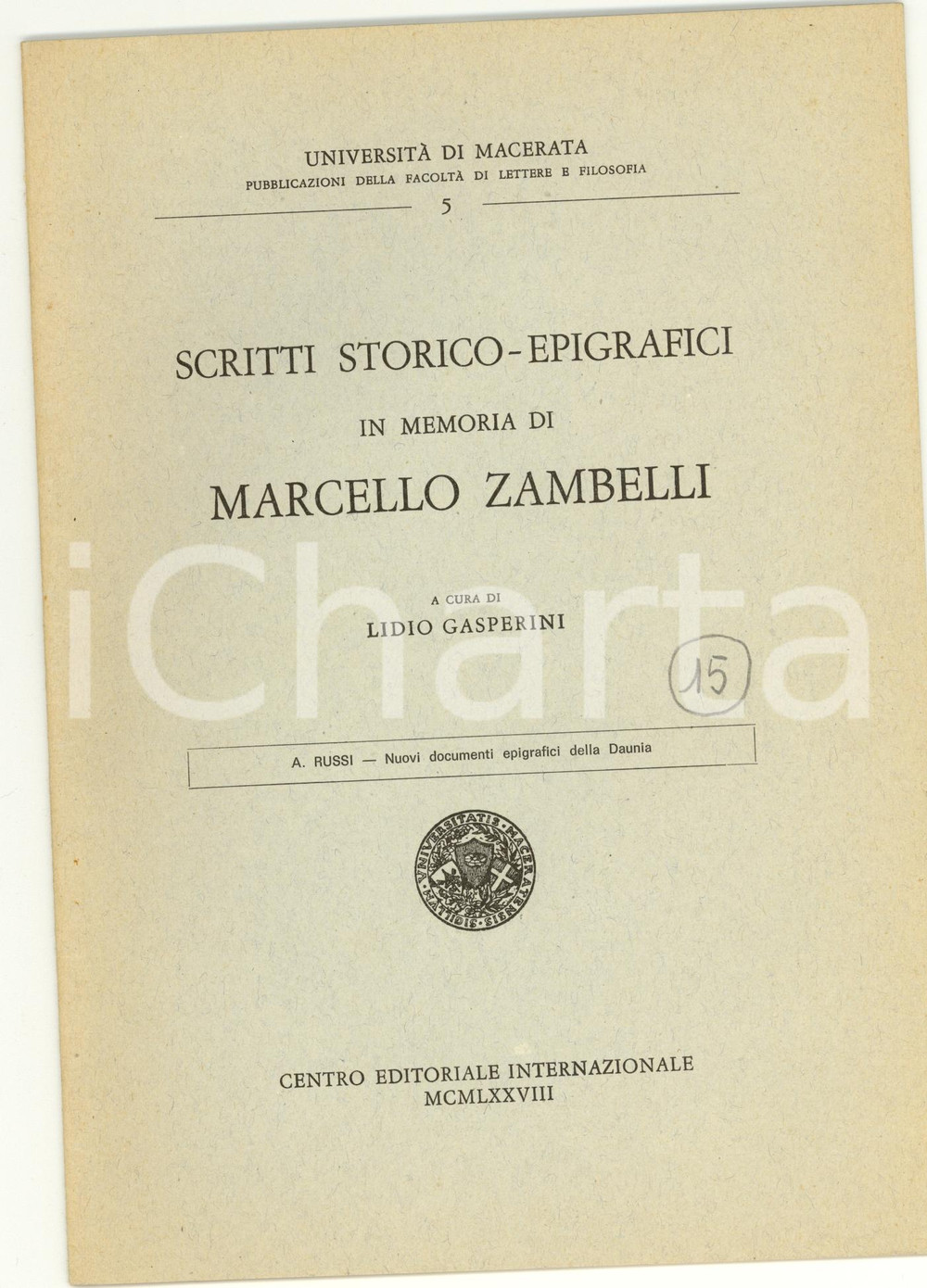 Oggetto da collezione cartaceo 1978 Angelo RUSSI Nuovi documenti epigrafici DAUNIA 1