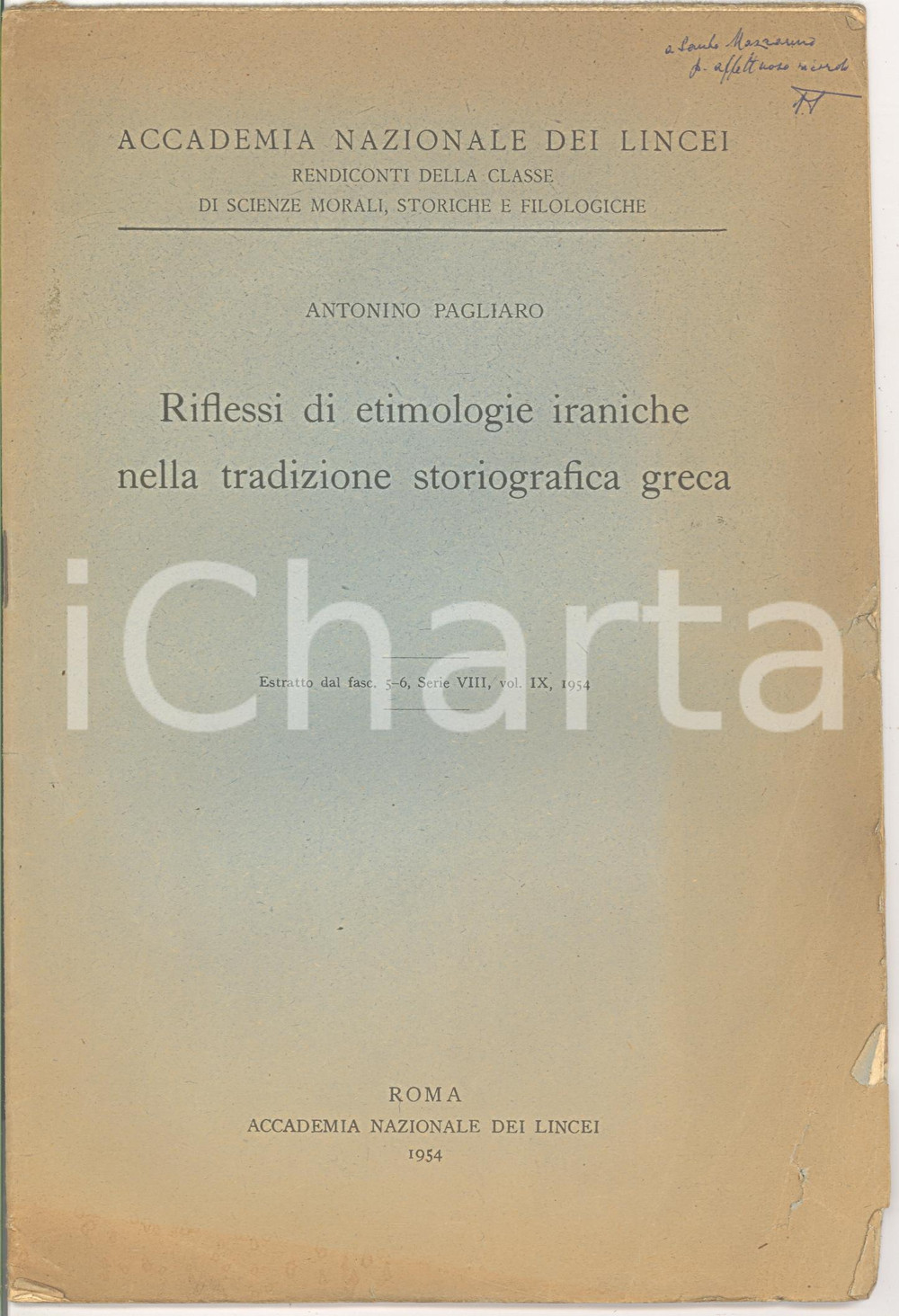 Oggetto da collezione cartaceo 1954 Antonino PAGLIARO Etimologie iraniche ACC. LINCEI 1