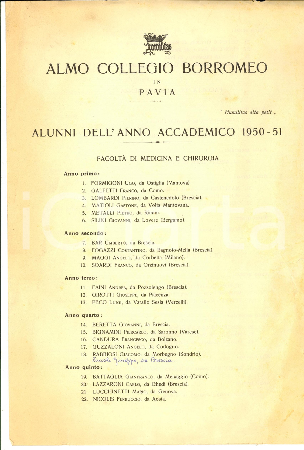 Documento originale, autentico 1951 PAVIA Almo Collegio BORROMEO  Elenco alunni anno accademico 195051 1