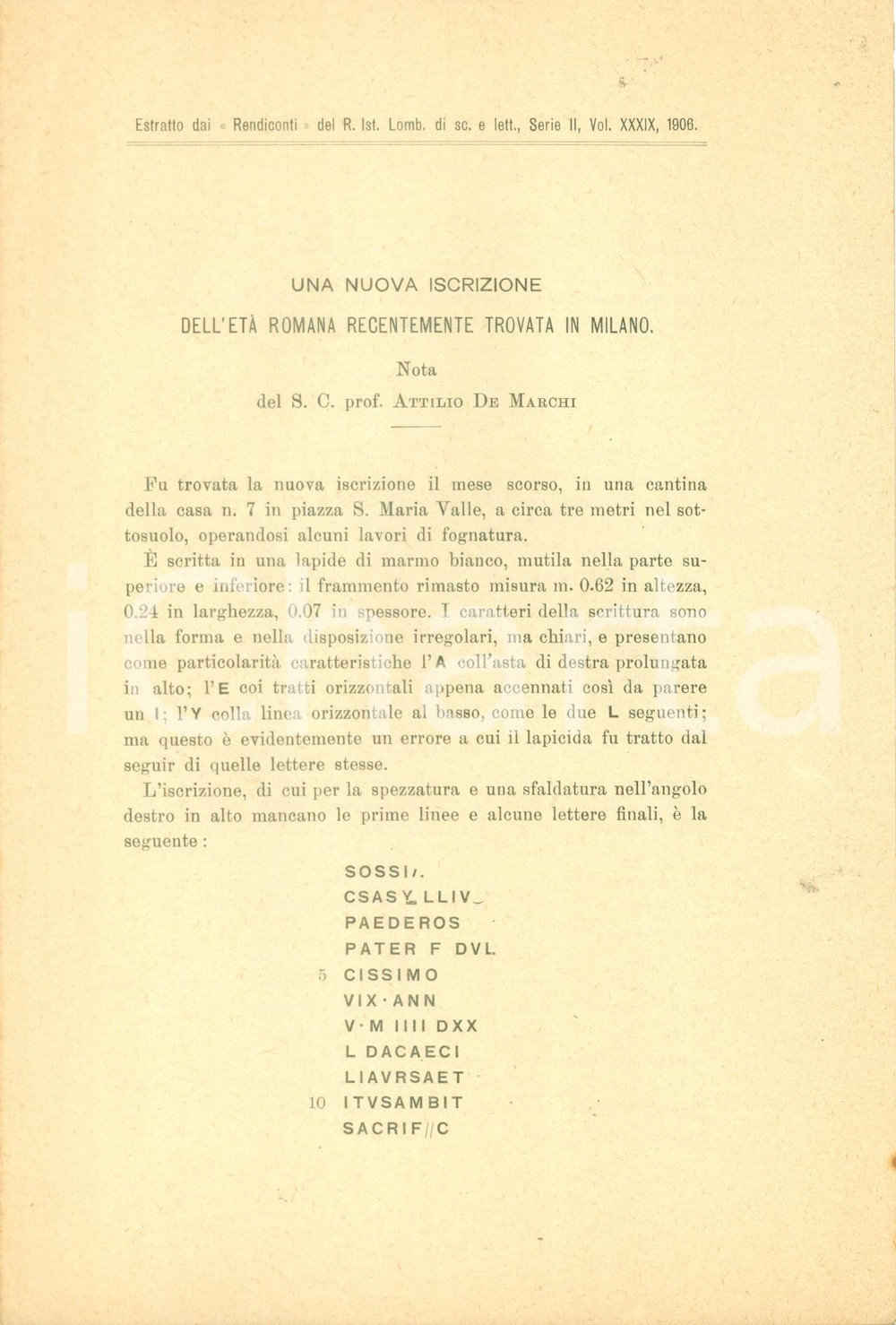 Libro, pubblicazione d epoca 1906 Attilio DE MARCHI Nuova iscrizione età romana recentemente trovata a MILANO 1