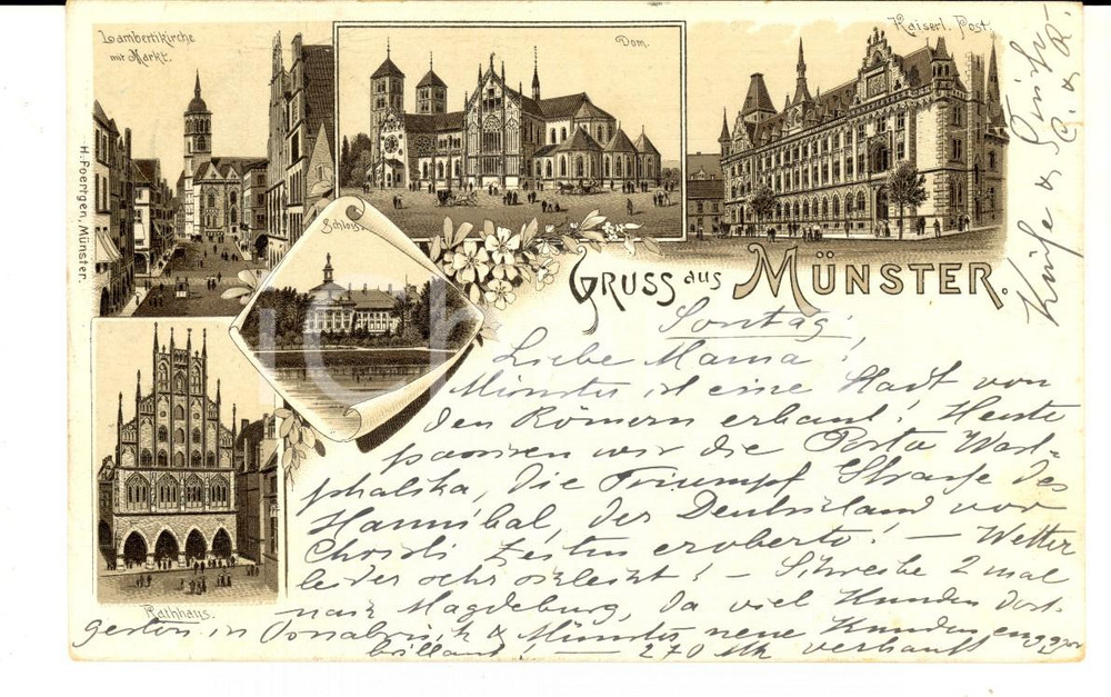 Cartolina originale da collezione 1893 MUNSTER D Vedutine con Duomo e Rathhaus Cartolina postale FP VG 1