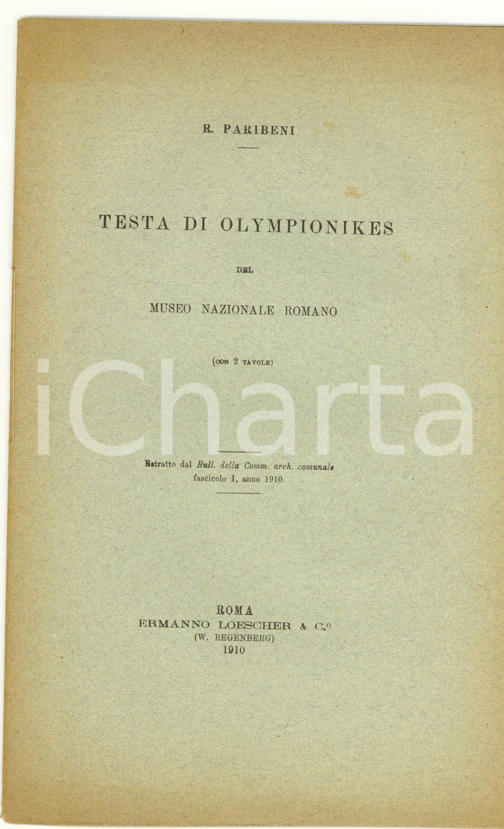 Libro, pubblicazione d epoca 1910 Roberto PARIBENI Testa di Olympionikes Museo ROMA 1