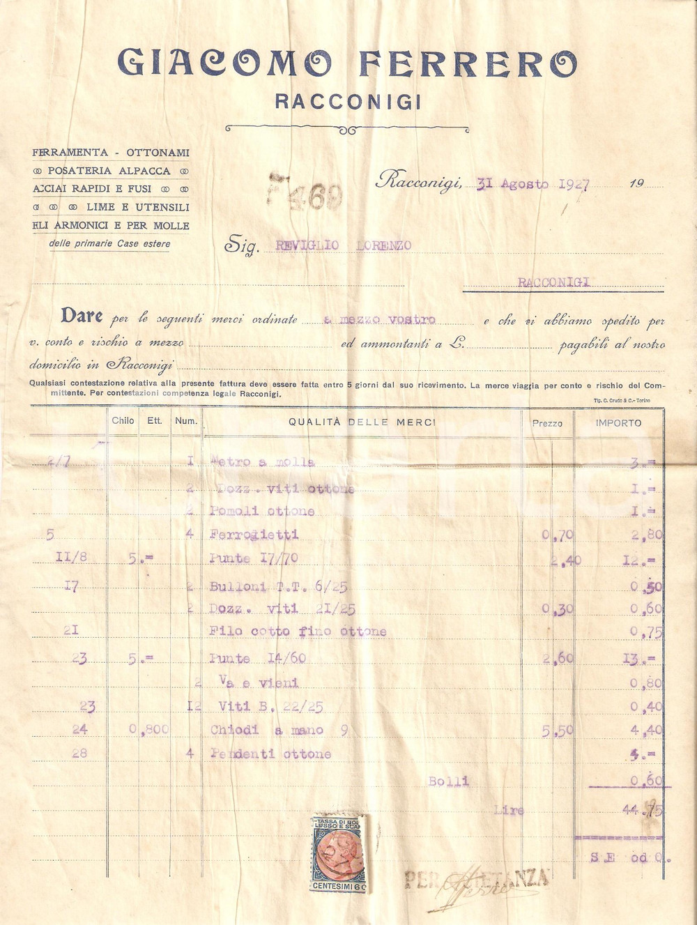 Documento originale, autentico 1927 RACCONIGI Giacomo FERRERO Ferramenta Fili armonici e molle FATTURA 1