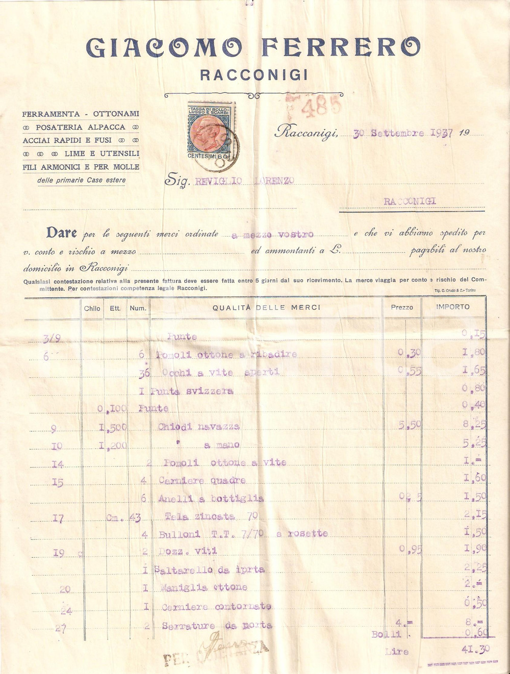 Documento originale, autentico 1937 RACCONIGI CN Giacomo FERRERO Ferramenta Fili armonici e molle FATTURA 1