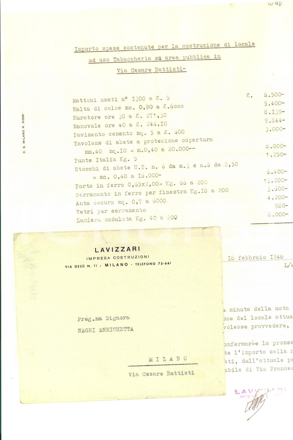 Manoscritto, lettera originale 1948 MILANO Via BATTISTI Impresa LAVIZZARI  Conto per costruzione tabaccheria 1