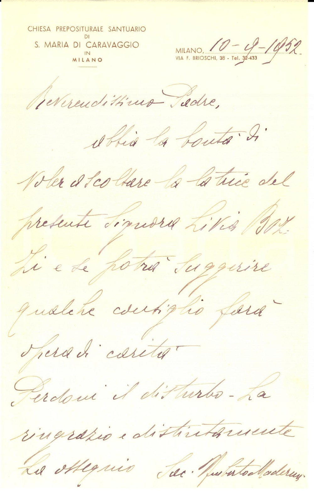 Manoscritto, lettera originale 1952 MILANO Chiesa di SANTA MARIA IN CARAVAGGIO  Lettera don Umberto MADERNA 1