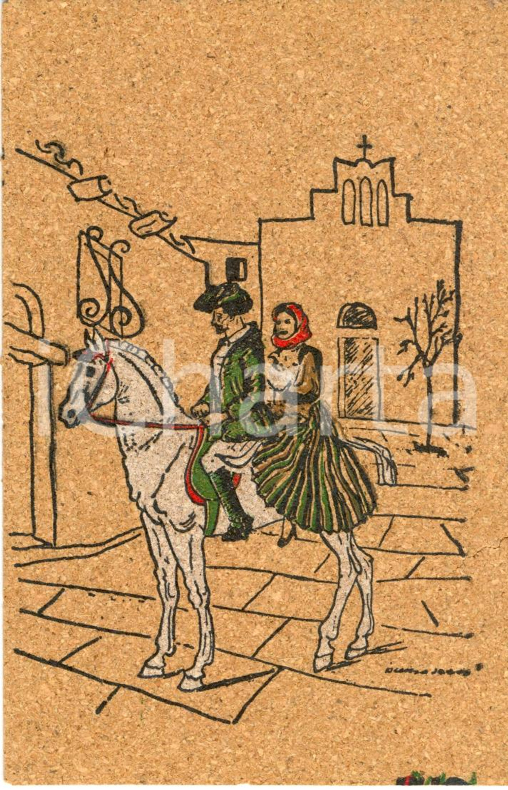 Cartolina originale da collezione 1980 ca CAGLIARI Costumi sardi  COPPIA A CAVALLO Cartolina postale in SUGHERO 1