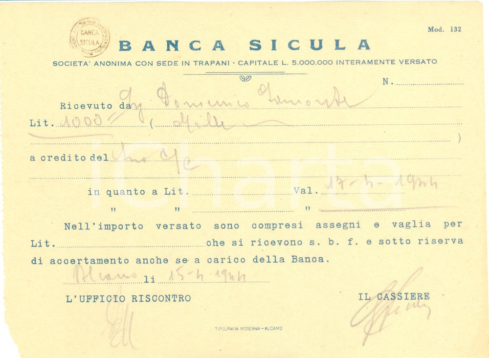 Documento originale, autentico 1944 ALCAMO TP Ricevuta BANCA SICULA per Domenico SAMONTE Documento 1
