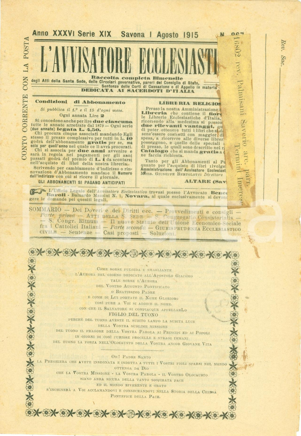 Documento originale, autentico 1915 SAVONA AVVISATORE ECCLESIASTICO Statuto Unione EconomicoSociale Cattolici 1