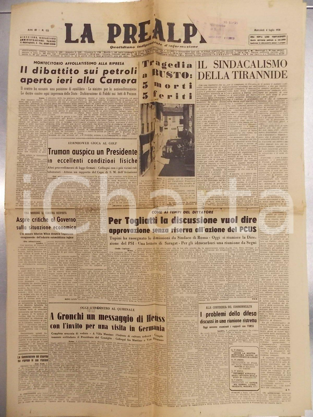 Giornale, rivista storica 1956 LA PREALPINA Strage omicida BUSTO ARSIZIO con 5 morti Giornale 1
