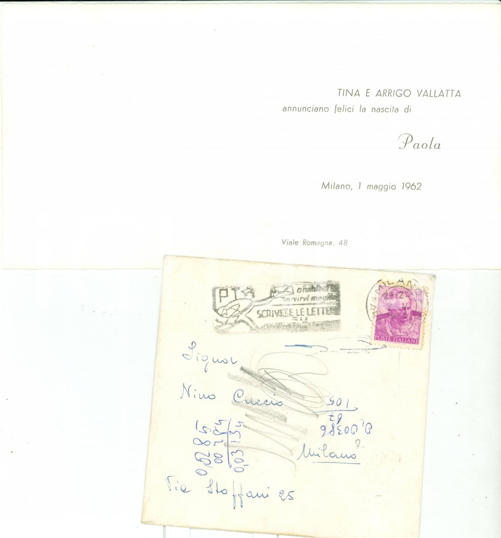 Oggetto da collezione cartaceo 1962 MILANO Ing. Arrigo VALLATTA per nascita figlia Paola Biglietto 1